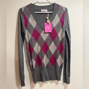 Ardene's checkered grey pink long sweater sz L